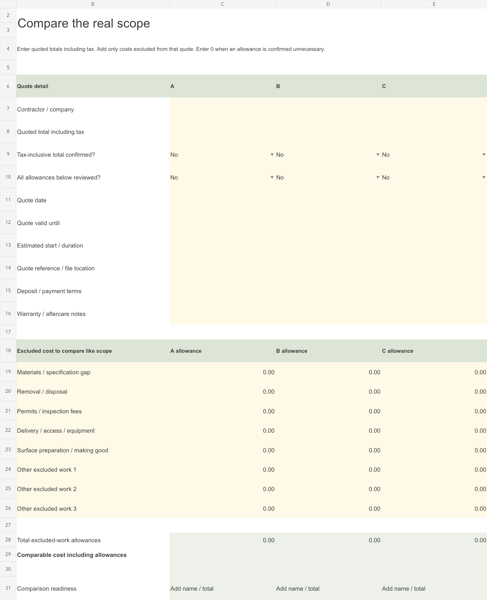 Actual quote-comparison worksheet with three contractor columns, excluded-work allowances and comparison-readiness checks