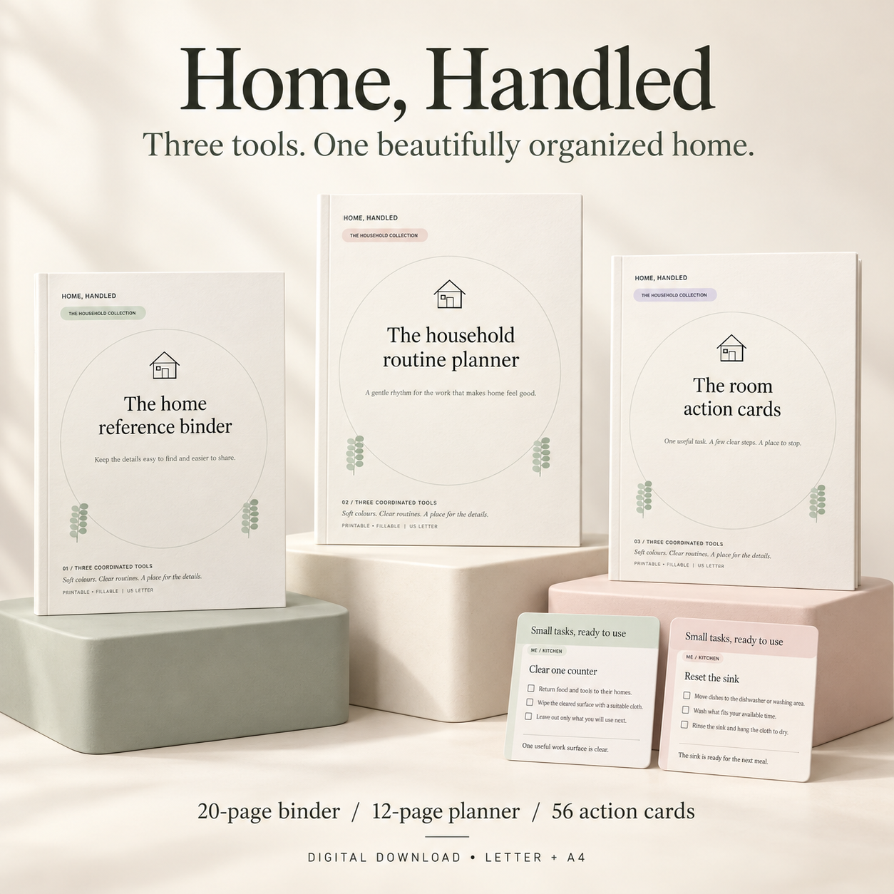 Home, Handled reference binder, routine planner and action cards in coordinated cream and pastel designs