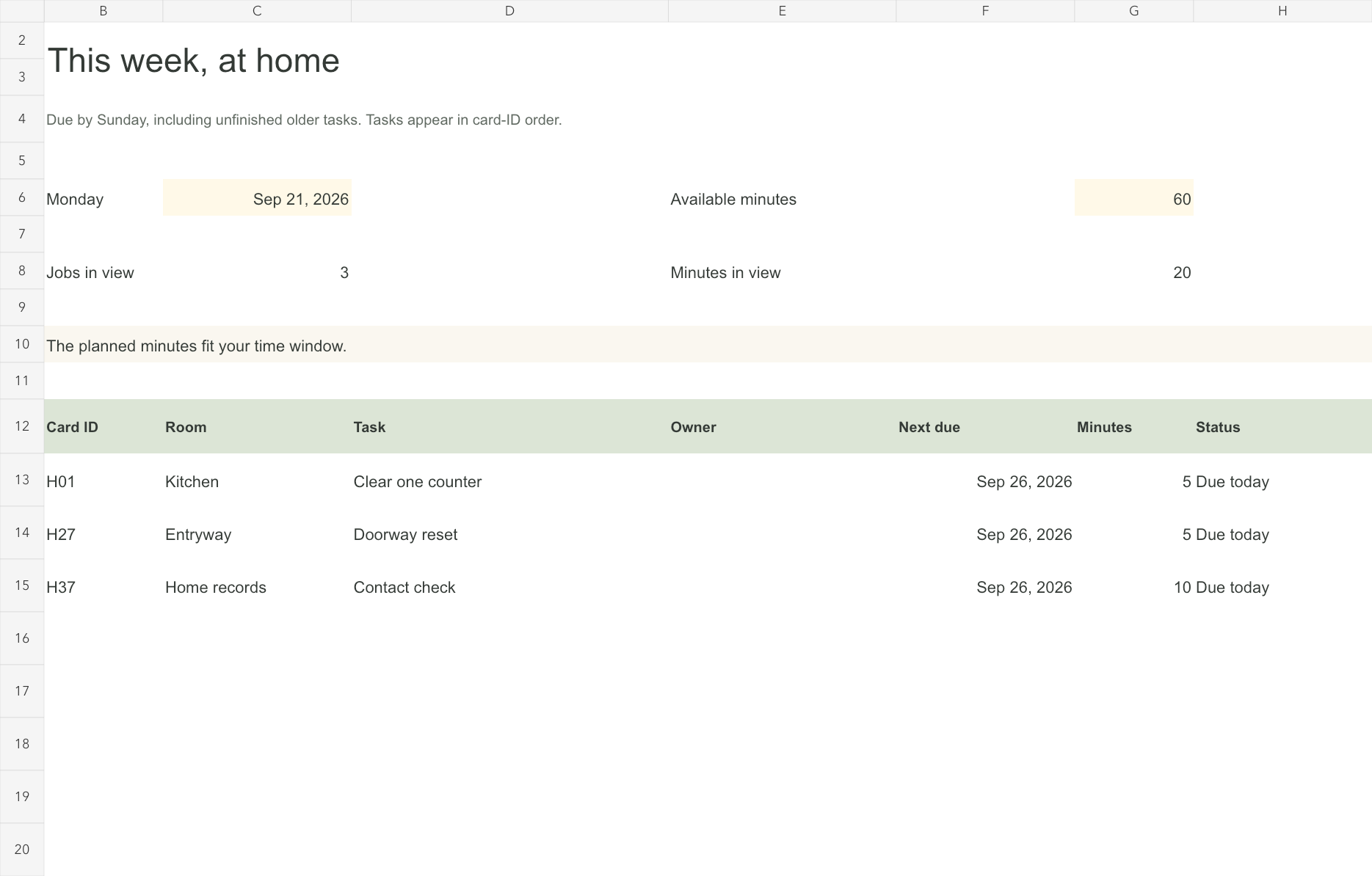 Actual workbook preview showing weekly tasks, owners, due dates and estimated minutes